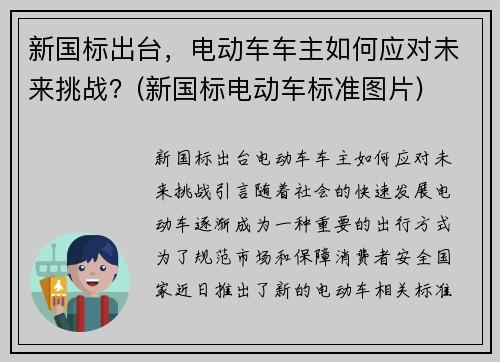 新国标出台，电动车车主如何应对未来挑战？(新国标电动车标准图片)