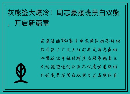 灰熊签大爆冷！周志豪接班黑白双熊，开启新篇章