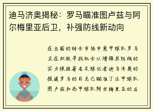 迪马济奥揭秘：罗马瞄准图卢兹与阿尔梅里亚后卫，补强防线新动向