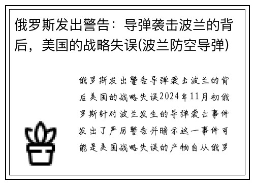 俄罗斯发出警告：导弹袭击波兰的背后，美国的战略失误(波兰防空导弹)