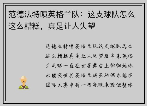 范德法特喷英格兰队：这支球队怎么这么糟糕，真是让人失望