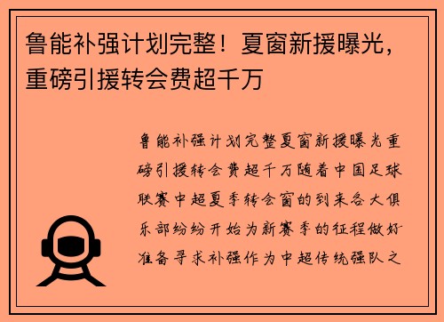 鲁能补强计划完整！夏窗新援曝光，重磅引援转会费超千万