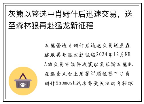 灰熊以签选中肖姆什后迅速交易，送至森林狼再赴猛龙新征程