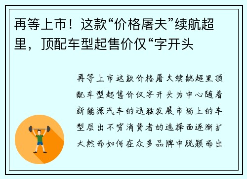 再等上市！这款“价格屠夫”续航超里，顶配车型起售价仅“字开头