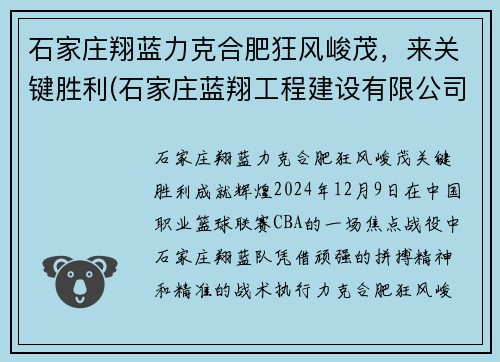 石家庄翔蓝力克合肥狂风峻茂，来关键胜利(石家庄蓝翔工程建设有限公司)
