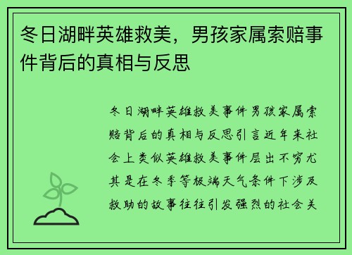 冬日湖畔英雄救美，男孩家属索赔事件背后的真相与反思