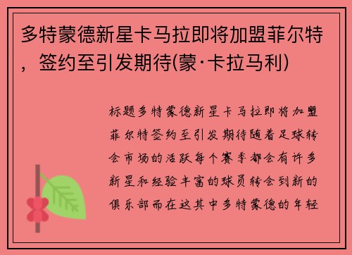 多特蒙德新星卡马拉即将加盟菲尔特，签约至引发期待(蒙·卡拉马利)