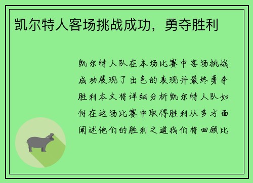 凯尔特人客场挑战成功，勇夺胜利