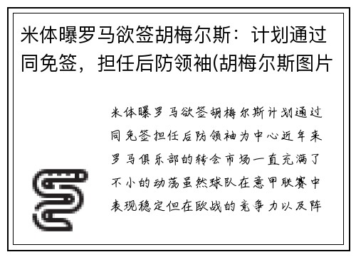 米体曝罗马欲签胡梅尔斯：计划通过同免签，担任后防领袖(胡梅尔斯图片)