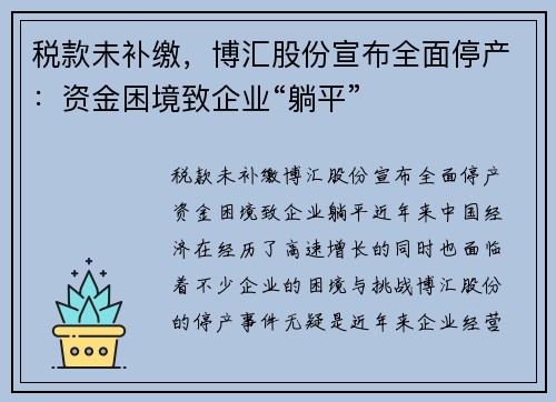 税款未补缴，博汇股份宣布全面停产：资金困境致企业“躺平”