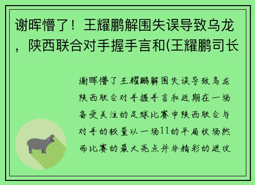 谢晖懵了！王耀鹏解围失误导致乌龙，陕西联合对手握手言和(王耀鹏司长)