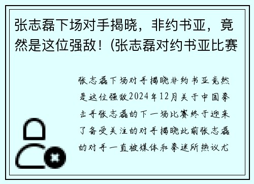 张志磊下场对手揭晓，非约书亚，竟然是这位强敌！(张志磊对约书亚比赛视频)